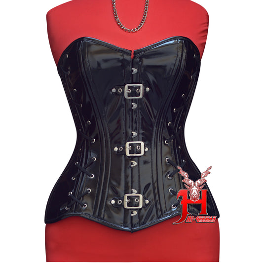 Women’s Overbust Black PVC Double Steel Boned Corset with Front Buckles | Overbust Korsett Schwarz