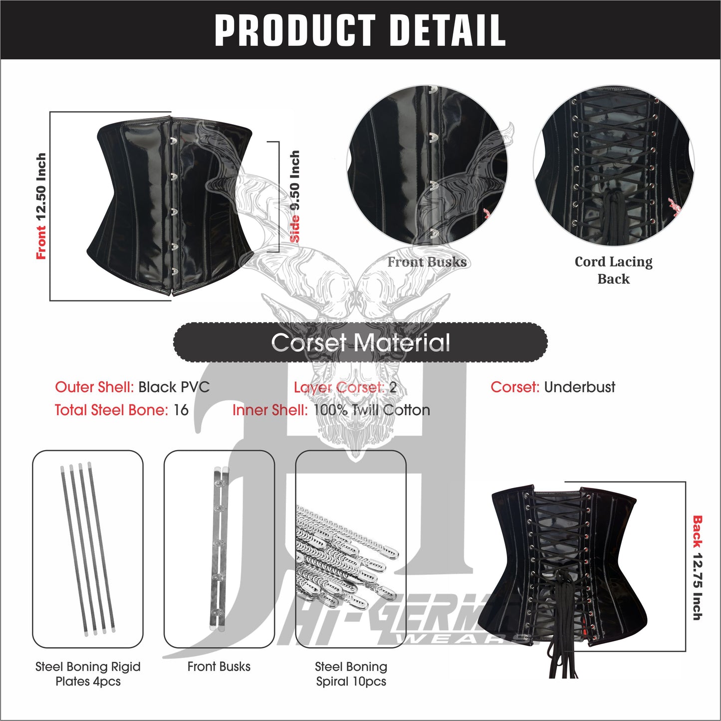 Women’s Underbust Black PVC Steel Boned Corset | Unterbrust Korsett Schwarz