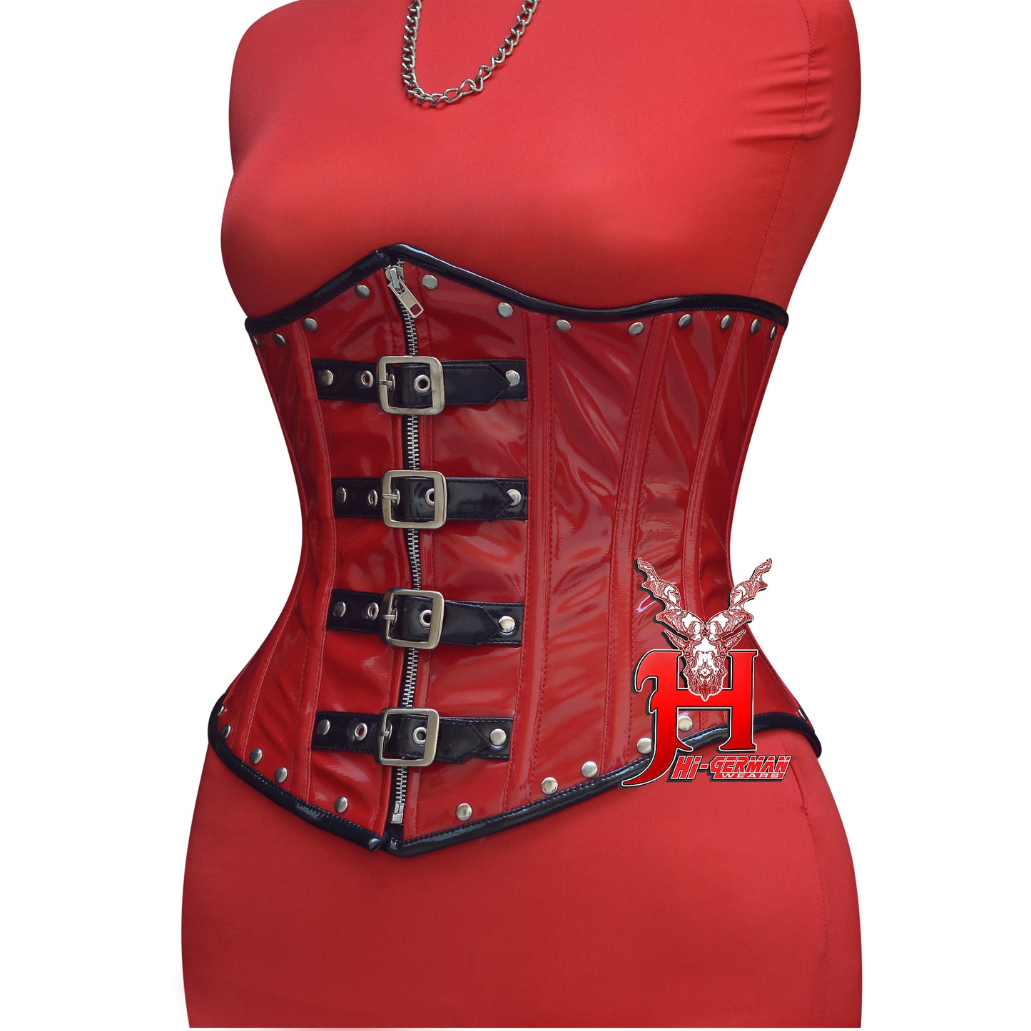 Women’s Underbust Red PVC Steel Boned Front Zip Corset | Unterbrust Korsett Rot