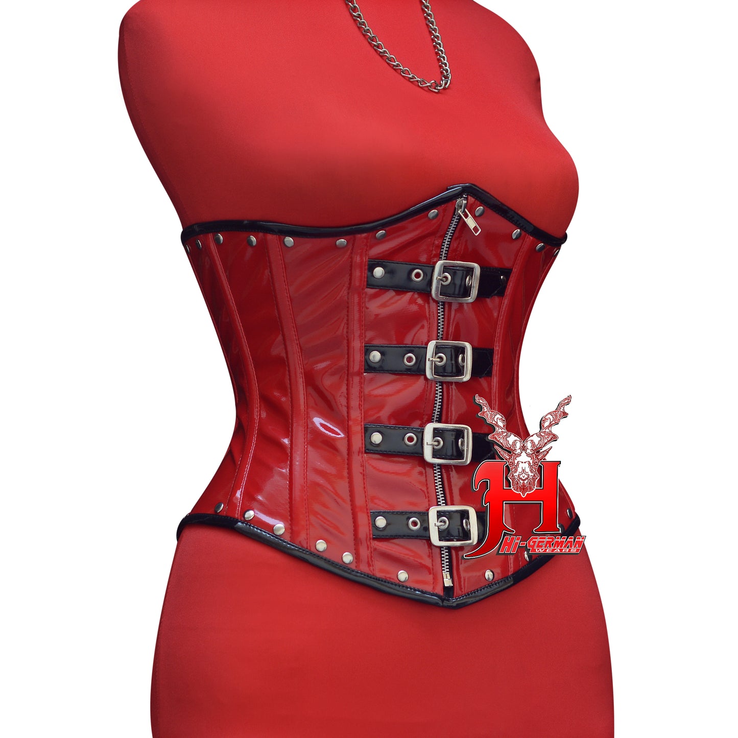 Women’s Underbust Red PVC Steel Boned Front Zip Corset | Unterbrust Korsett Rot