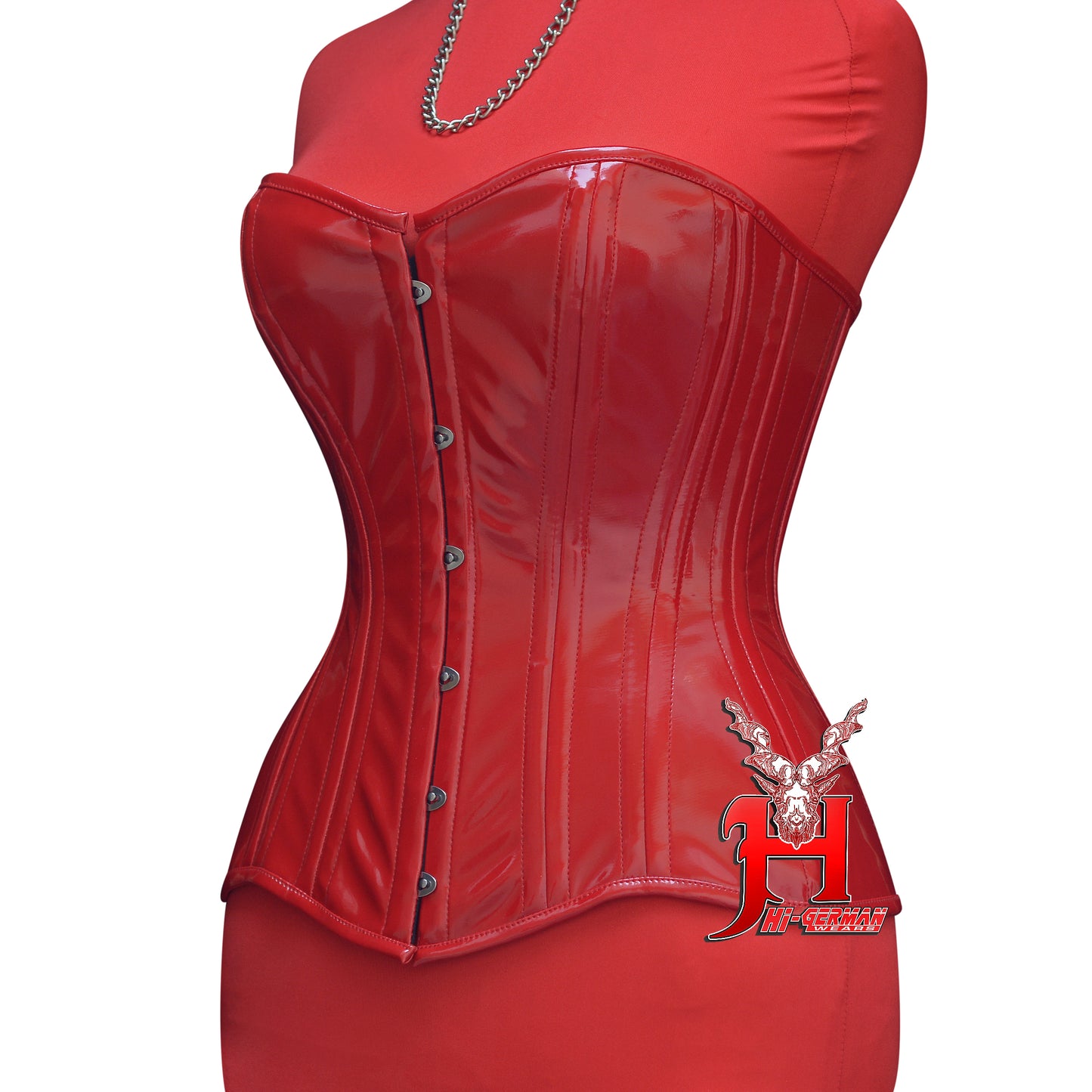 Women’s Overbust Red PVC Double Steel Boned Corset | Overbust Korsett Rot