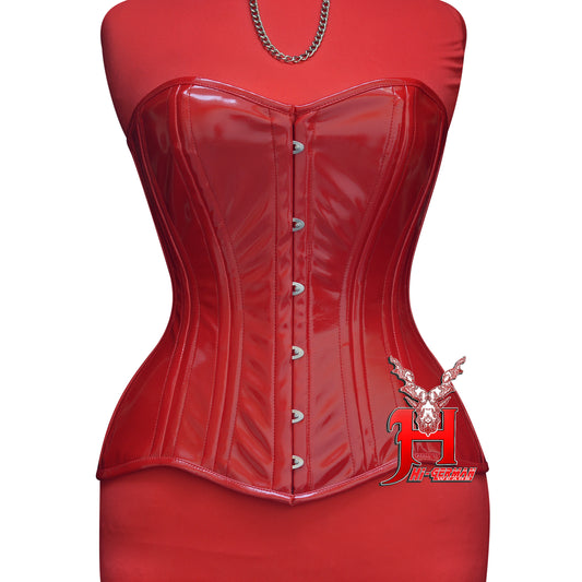 Women’s Overbust Red PVC Double Steel Boned Corset | Overbust Korsett Rot