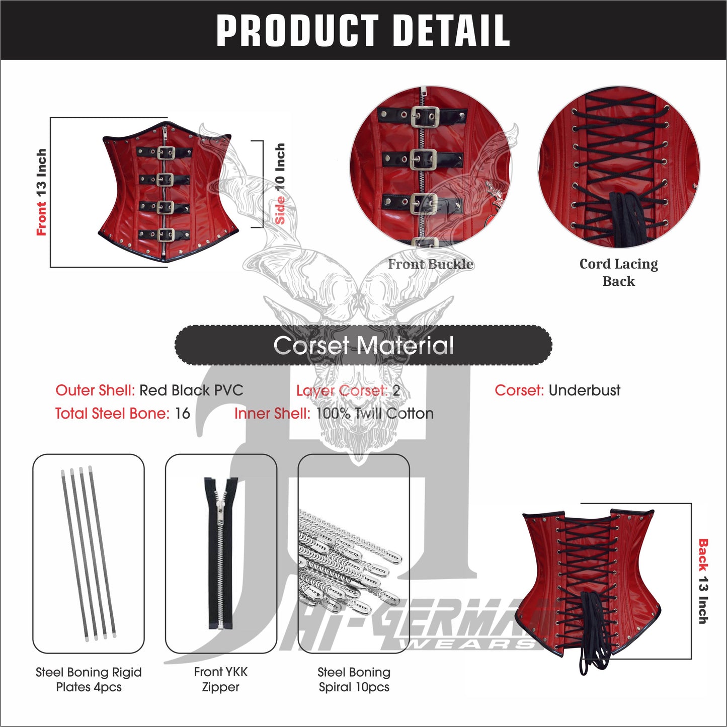 Women’s Underbust Red PVC Steel Boned Front Zip Corset | Unterbrust Korsett Rot