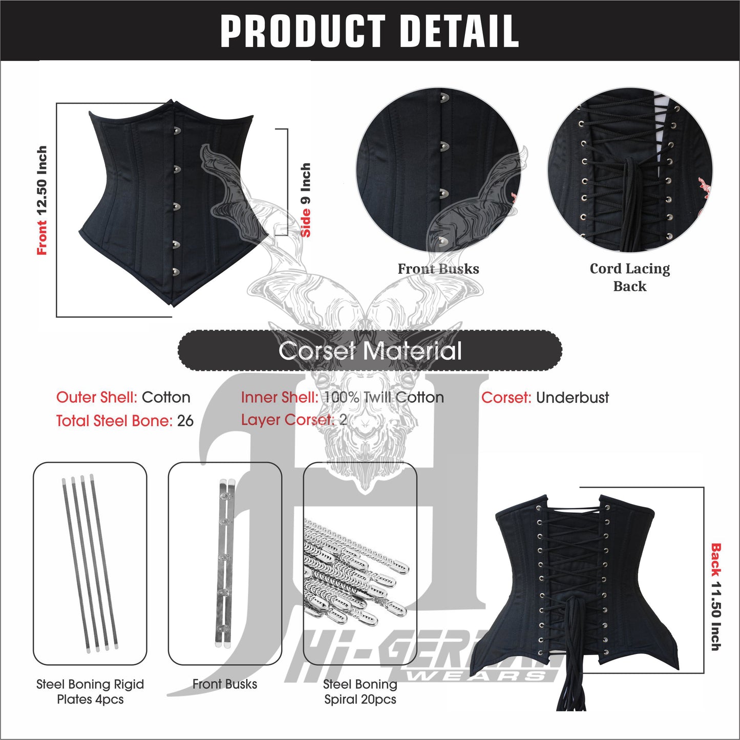 Women’s Underbust Schwarzes Cotton Double Steel Boned Waist Trainer Korsett