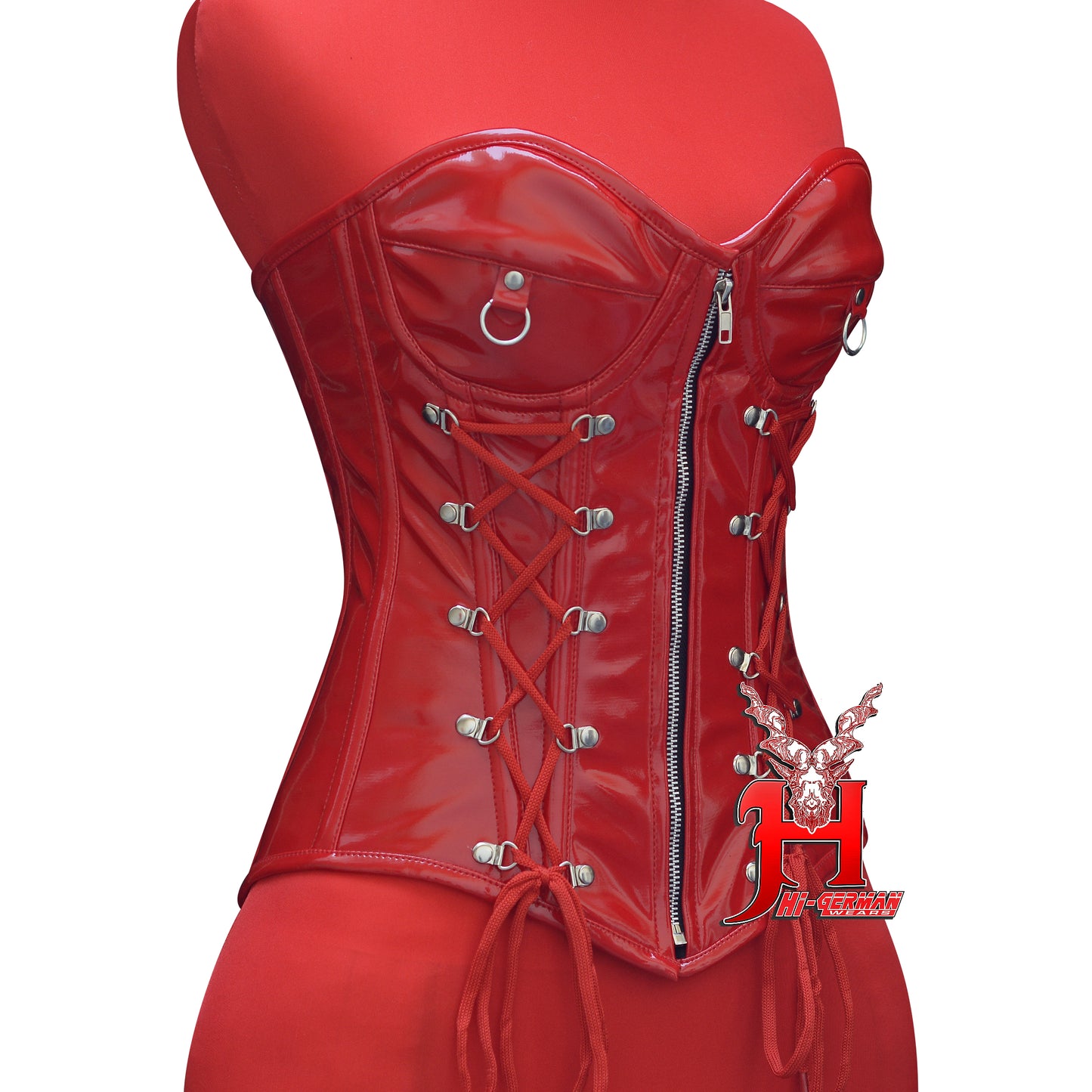 Women’s Overbust Red PVC Corset – Shiny Latex-Look – Zipper Front & Side Lacing – Steel Boned Gothic Clubwear | Overbust Korsett Rot