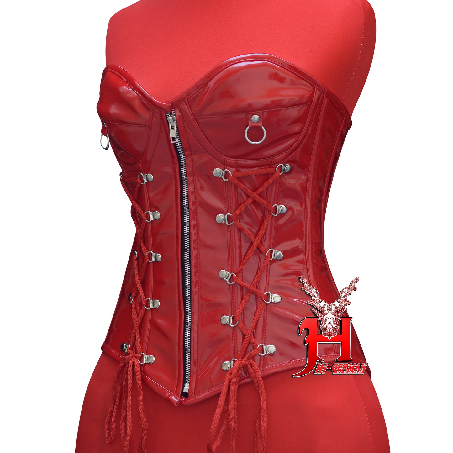 Women’s Overbust Red PVC Corset – Shiny Latex-Look – Zipper Front & Side Lacing – Steel Boned Gothic Clubwear | Overbust Korsett Rot