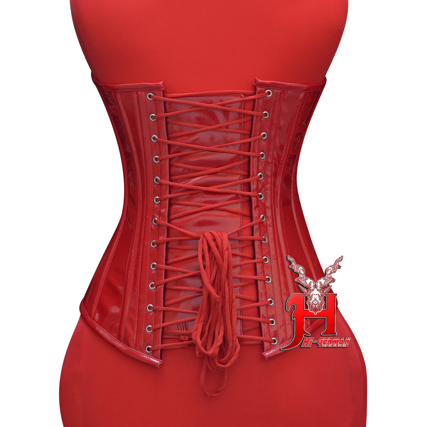 Women’s Overbust Red PVC Corset – Shiny Latex-Look – Zipper Front & Side Lacing – Steel Boned Gothic Clubwear | Overbust Korsett Rot