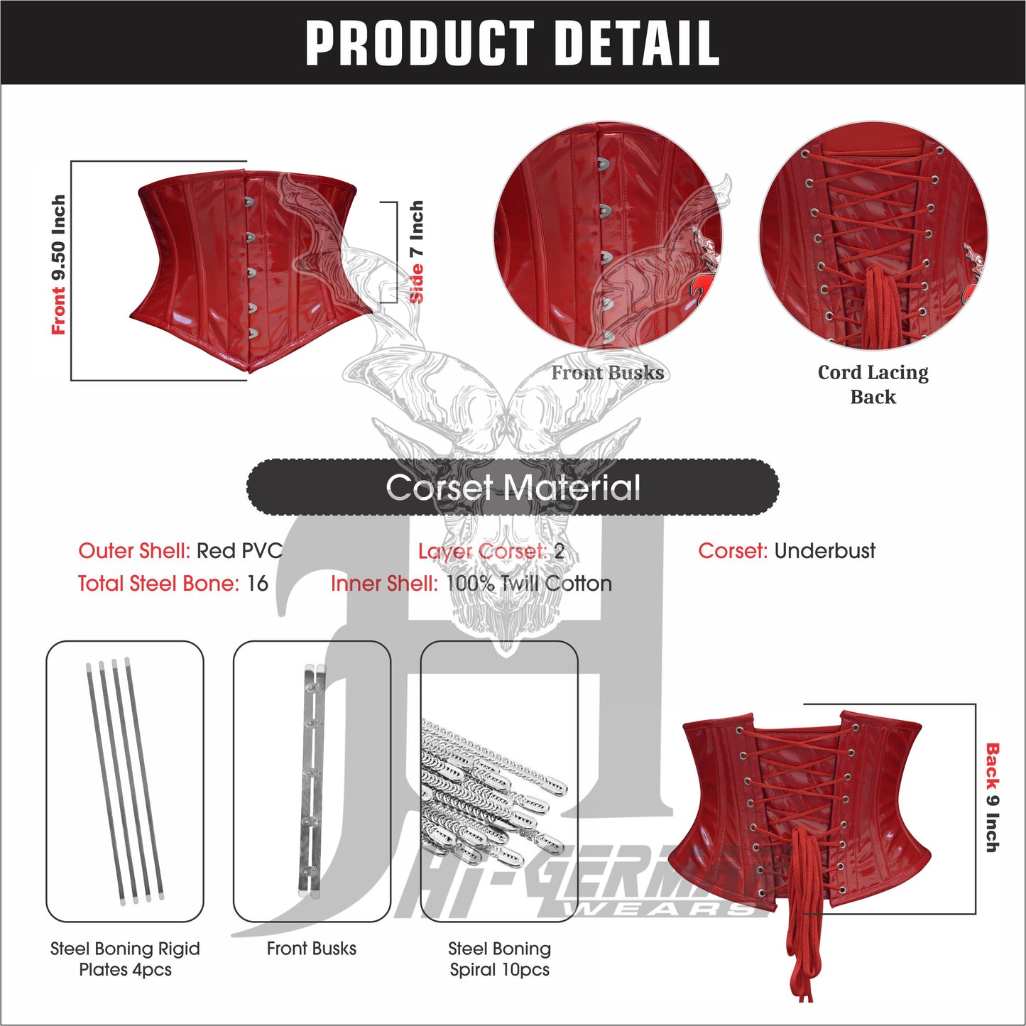 Women’s Underbust Red PVC Steel Boned Corset | Unterbrust Korsett Rot