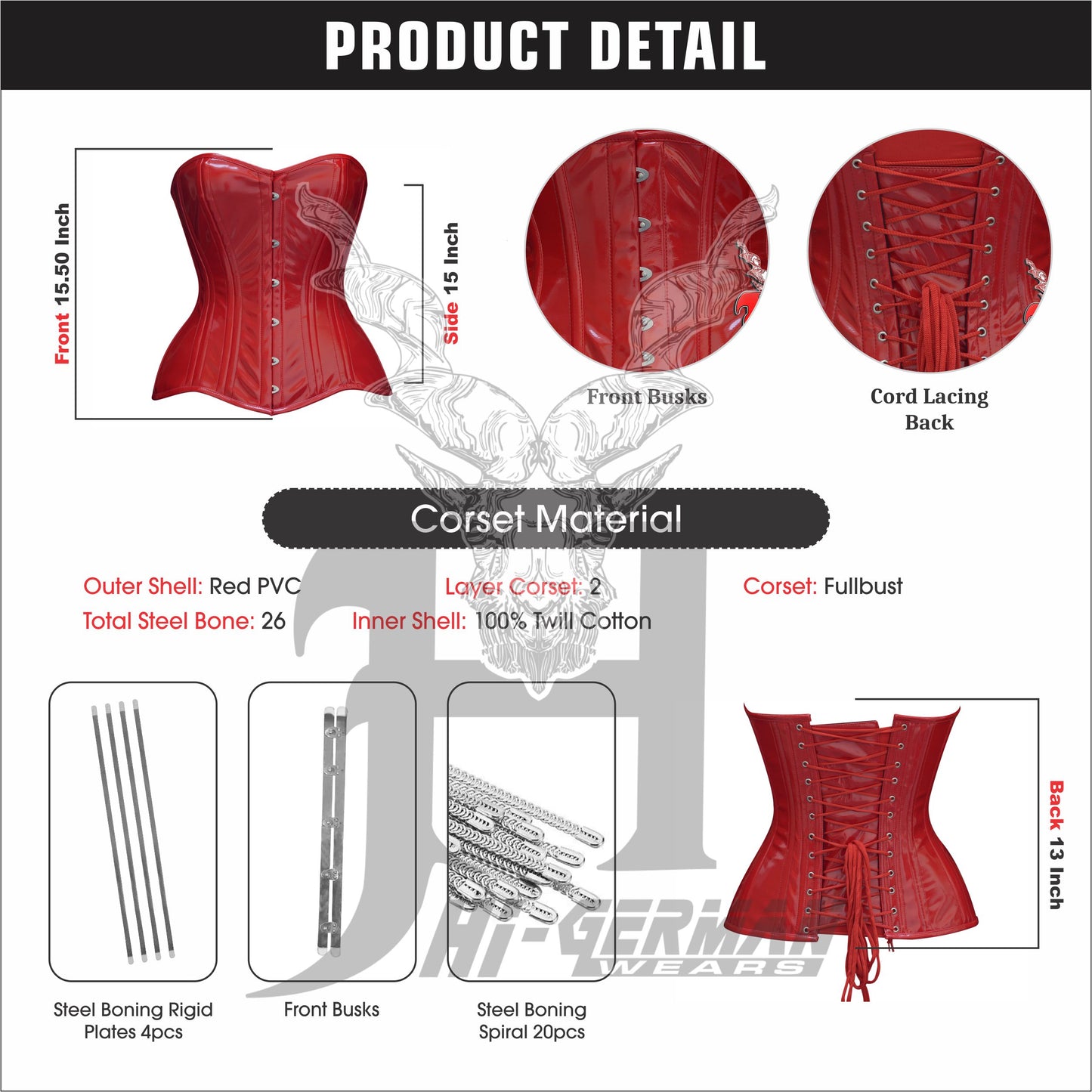 Women’s Overbust Red PVC Double Steel Boned Corset | Overbust Korsett Rot