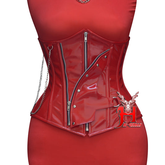 Women’s Underbust Red PVC Corset – Steel Boned Front Zip with Chain Detail – Gothic Waist Trainer | Unterbrust Korsett Rot mit Kette