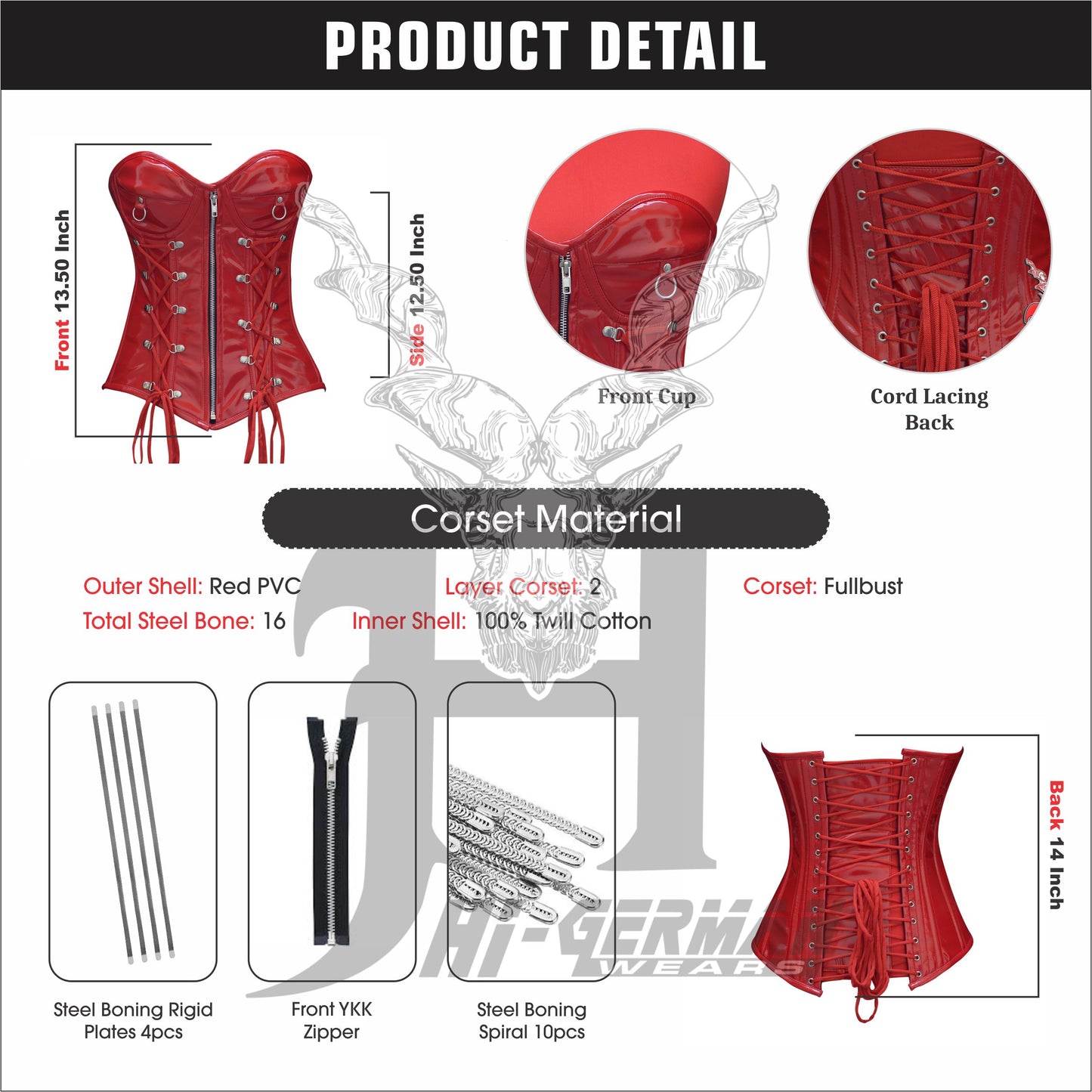 Women’s Overbust Red PVC Corset – Shiny Latex-Look – Zipper Front & Side Lacing – Steel Boned Gothic Clubwear | Overbust Korsett Rot