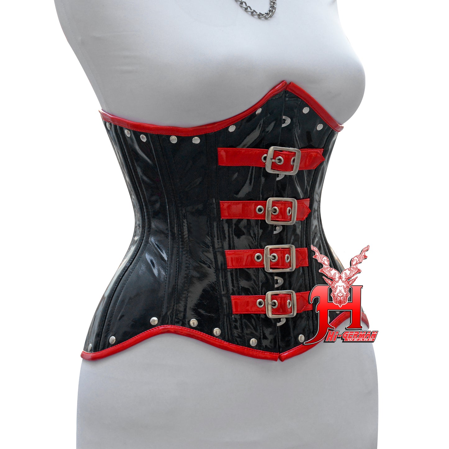 Women’s Underbust Black PVC Corset with Red Trim & Buckle Front | Gothic Unterbrust Korsett