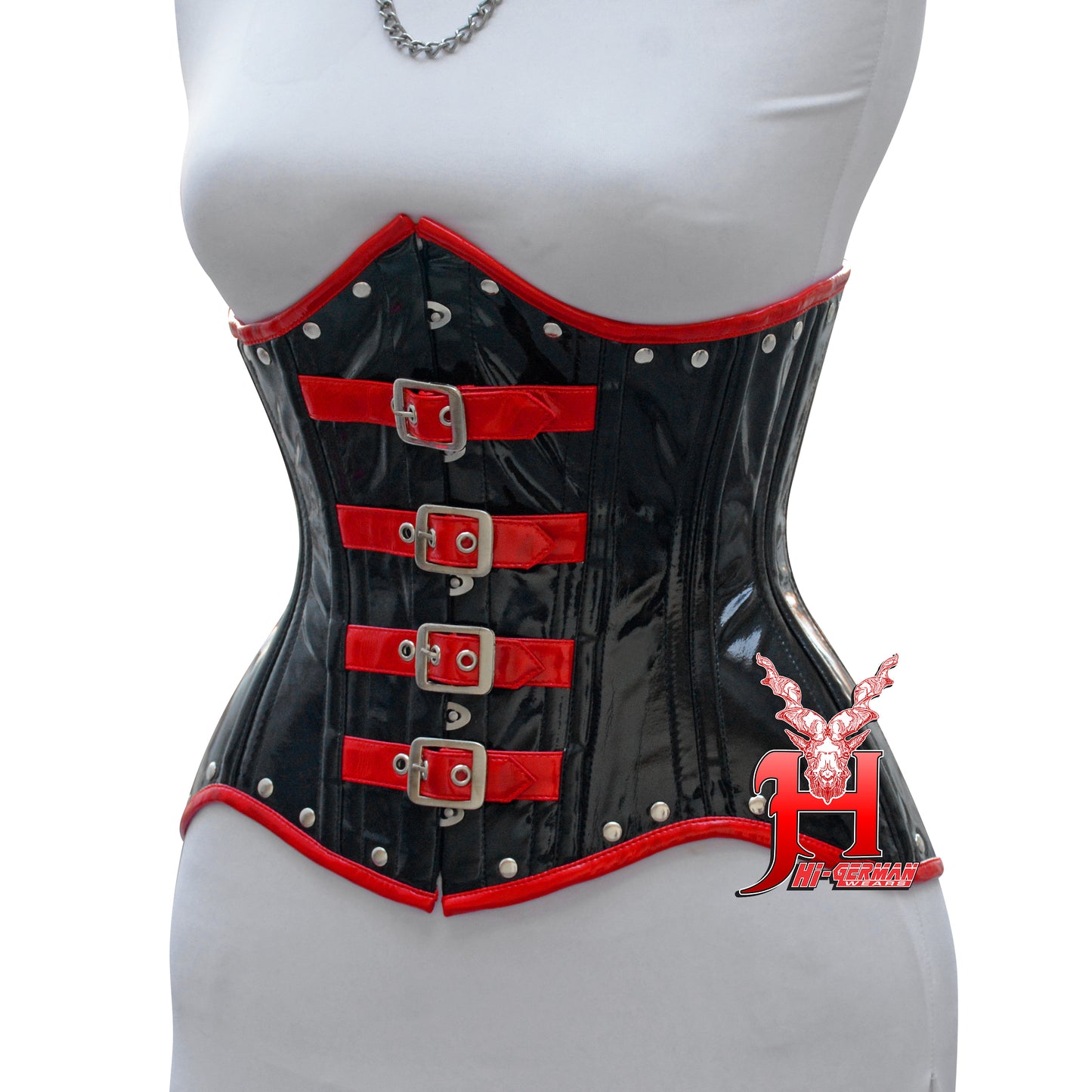 Women’s Underbust Black PVC Corset with Red Trim & Buckle Front | Gothic Unterbrust Korsett
