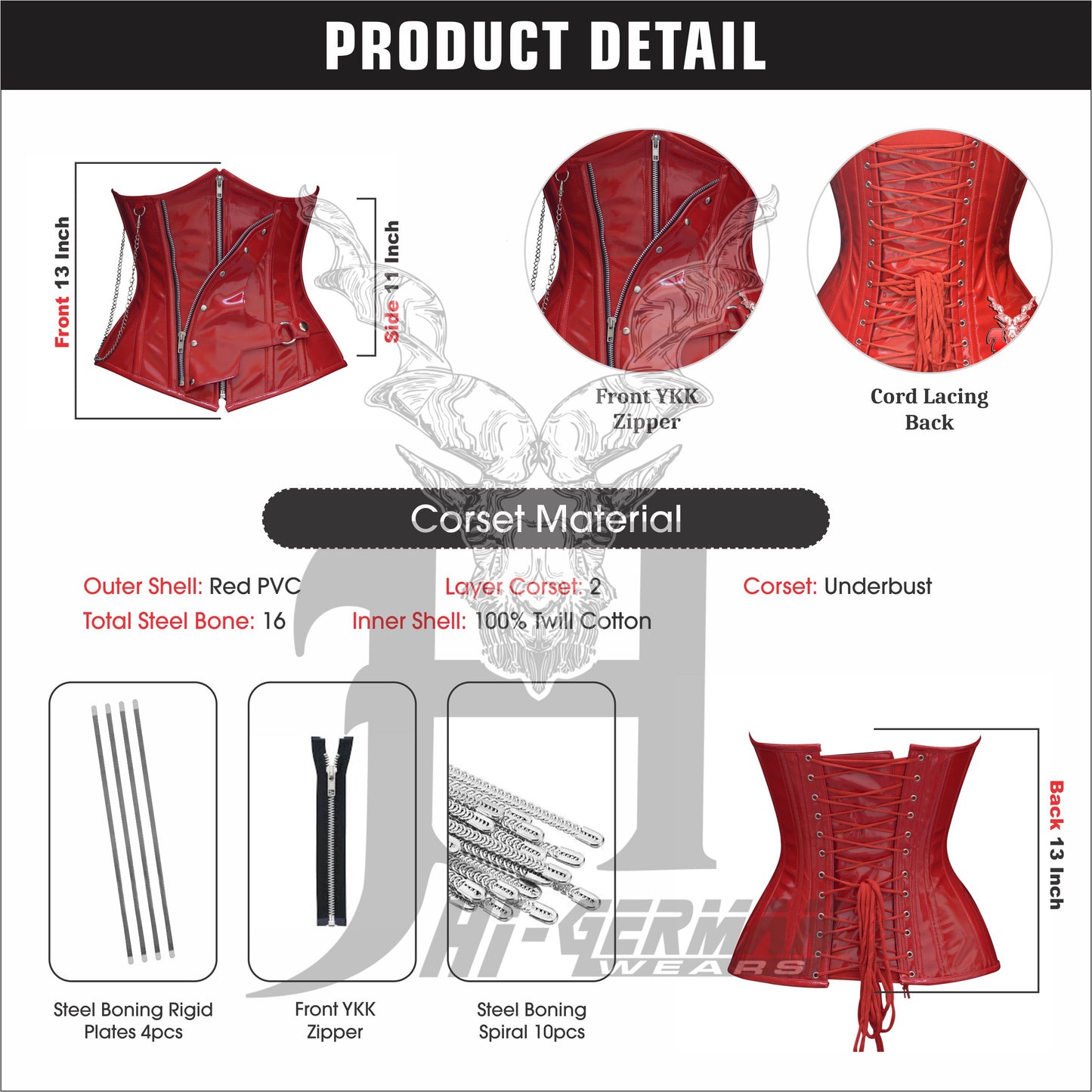 Women’s Underbust Red PVC Corset – Steel Boned Front Zip with Chain Detail – Gothic Waist Trainer | Unterbrust Korsett Rot mit Kette