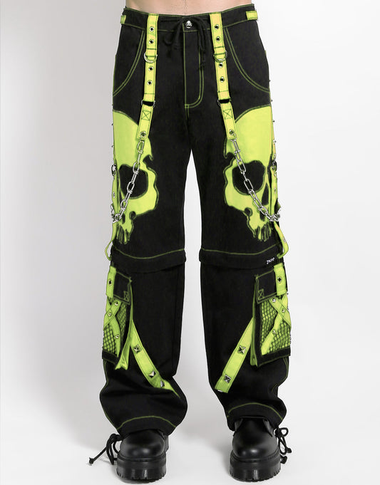 SCARE DARK STREET Hose – Gothic Hose Schwarz Neongrün mit Totenkopf & Trägern
