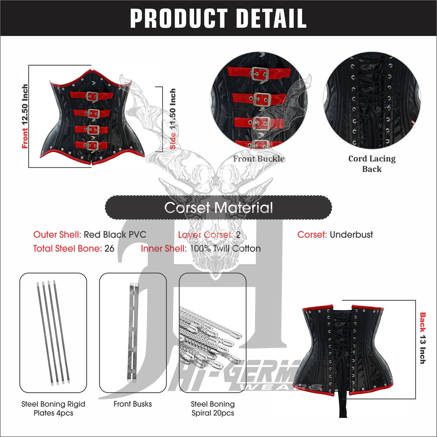 Women’s Underbust Black PVC Corset with Red Trim & Buckle Front | Gothic Unterbrust Korsett