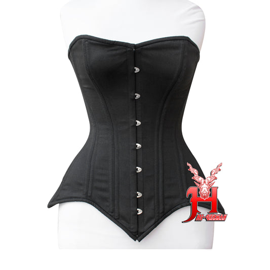Women’s Overbust Black Cotton Corset Double Steel Boned Waist Trainer / Überbrust Korsett Damen