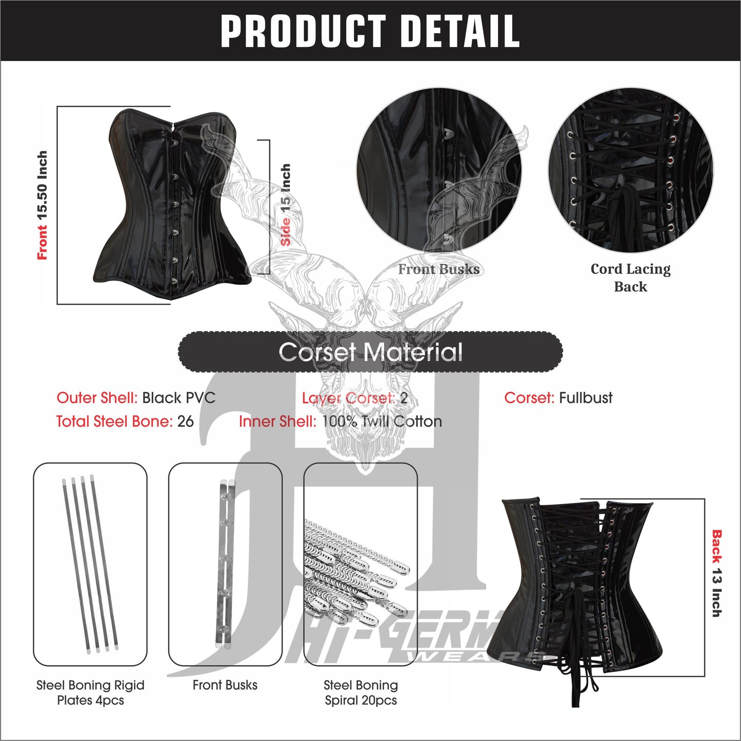 Women’s Overbust Black PVC Corset – Double Steel Boned Waist Trainer – Gothic Sculpting Corset | Overbust Korsett Schwarz