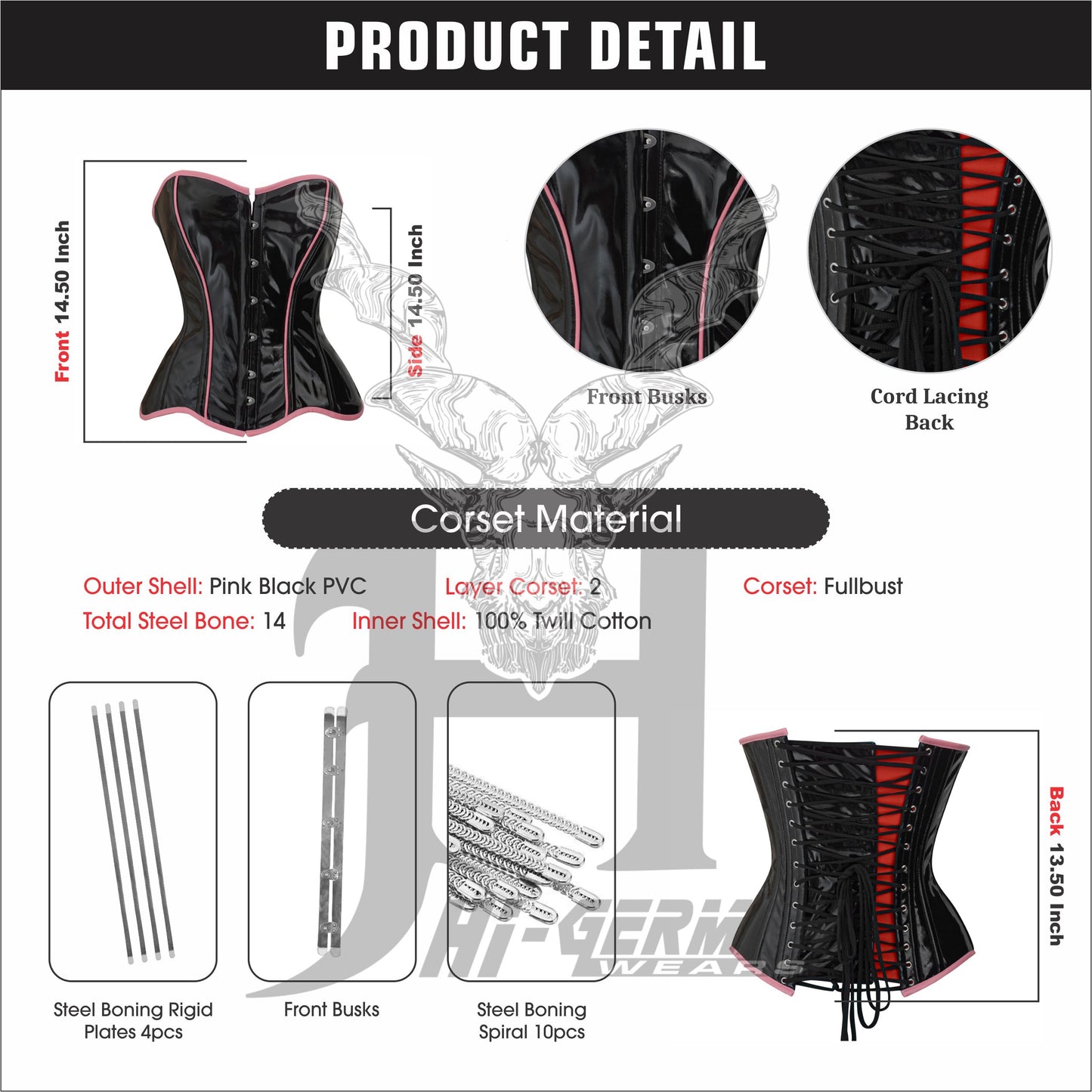 Women’s Overbust Black PVC Corset with Pink PVC Trim – Steel Boned Gothic Waist Trainer | Overbust Korsett Schwarz Pink