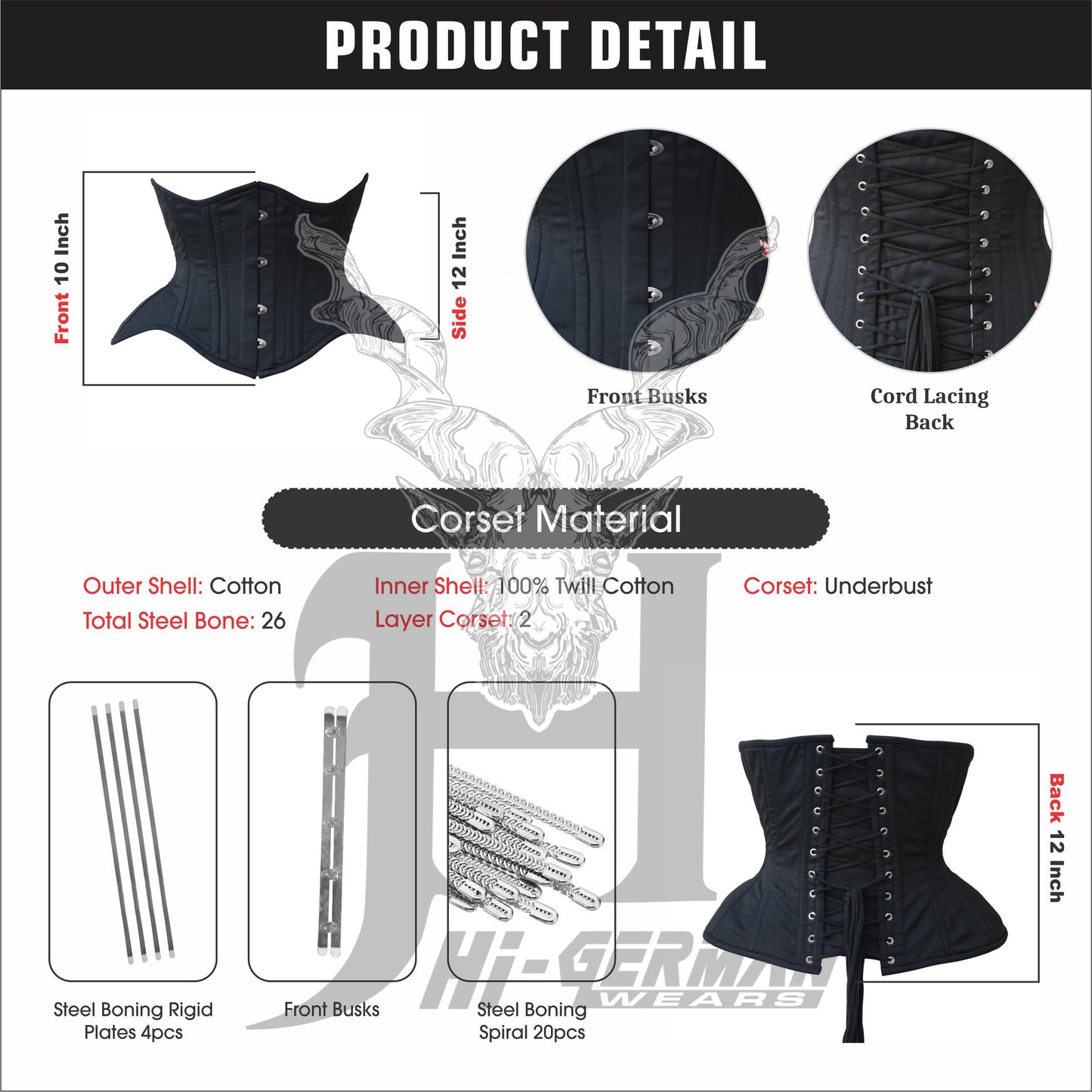 Women’s Underbust Schwarzes Cotton Double Steel Boned Waist Trainer Korsett – Curvy / Weite Hüften