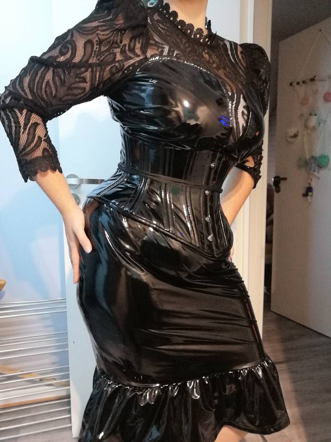 Women’s Underbust Black PVC Corset – Double Steel Boned – Gothic Waist Training