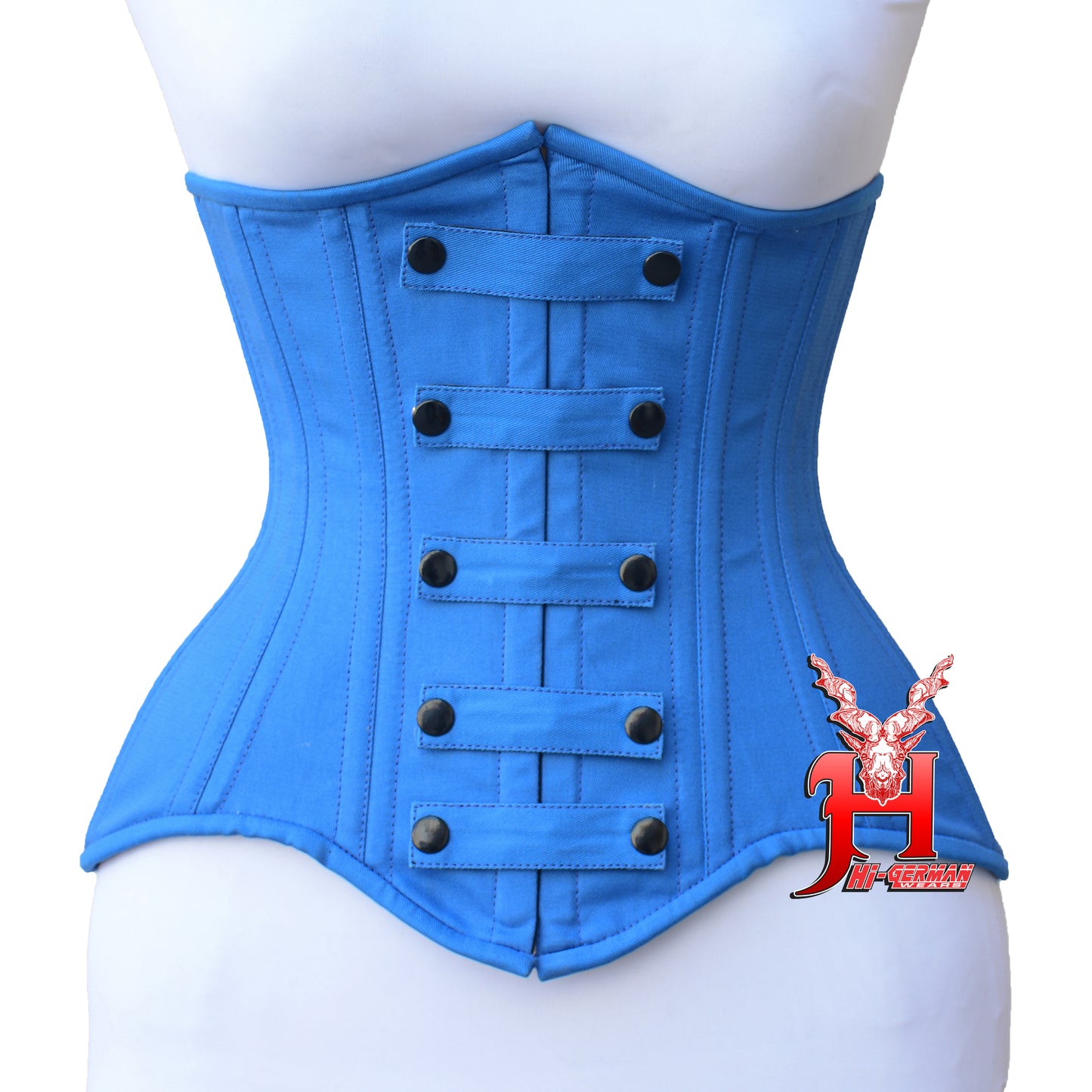 Women’s Underbust Blue Cotton Corset Double Steel Boned Waist Trainer / Unterbrust Korsett Damen