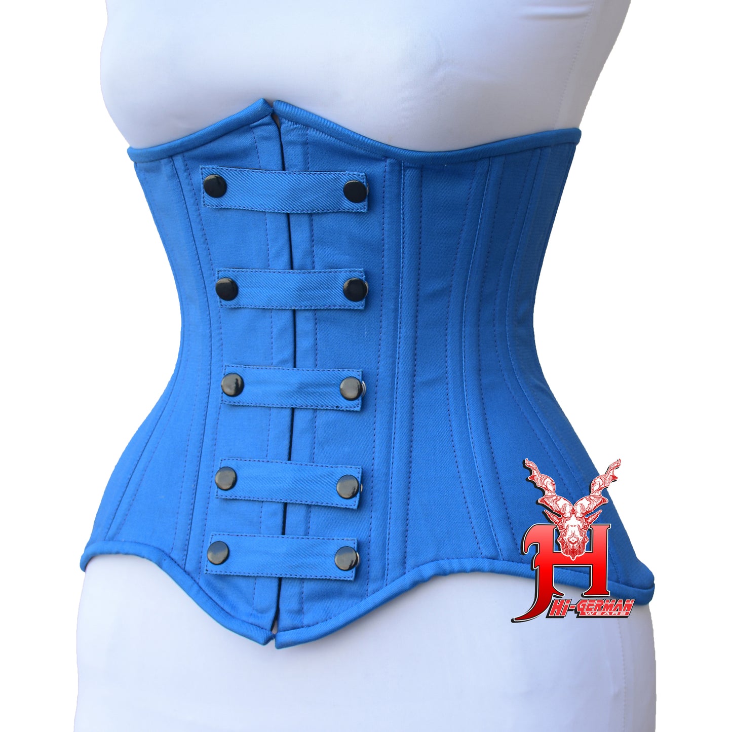 Women’s Underbust Blue Cotton Corset Double Steel Boned Waist Trainer / Unterbrust Korsett Damen