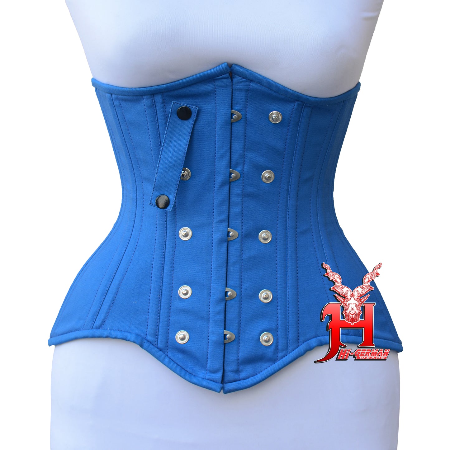 Women’s Underbust Blue Cotton Corset Double Steel Boned Waist Trainer / Unterbrust Korsett Damen