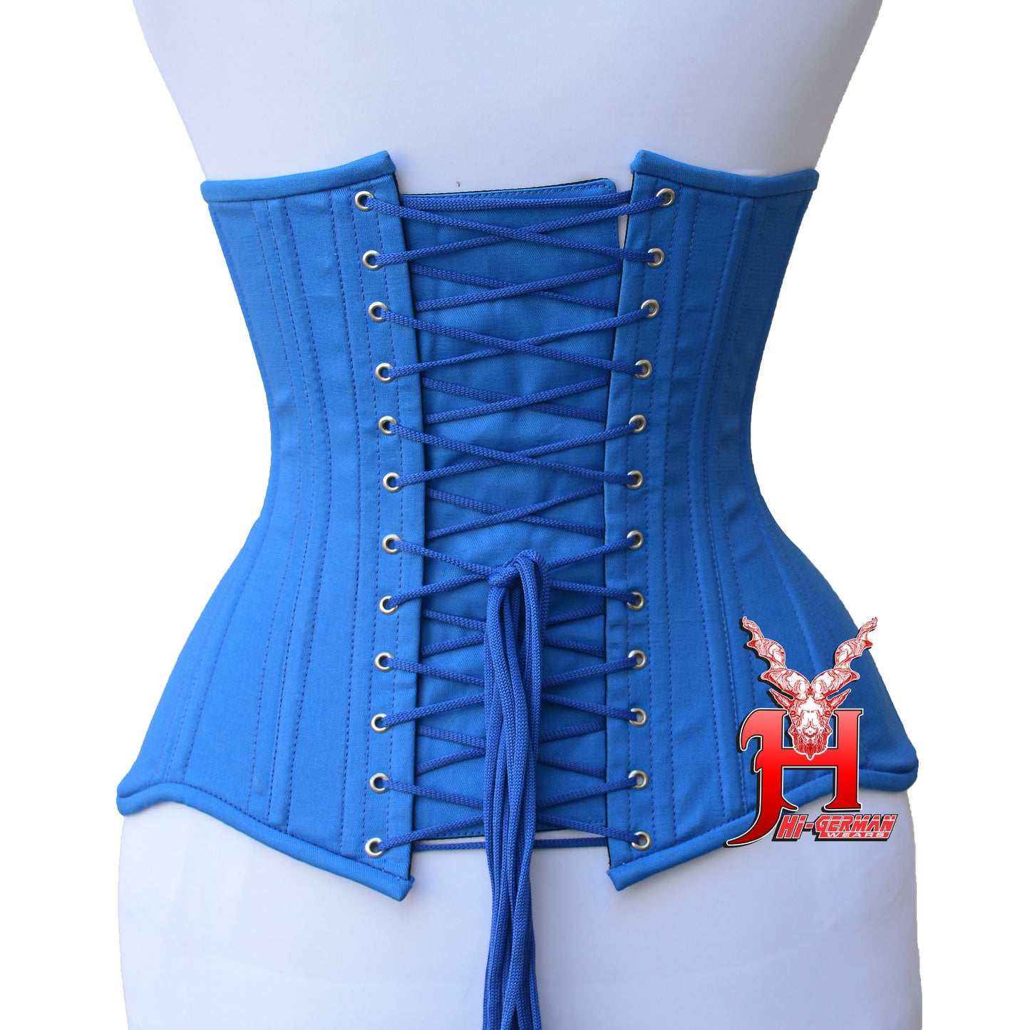 Women’s Underbust Blue Cotton Corset Double Steel Boned Waist Trainer / Unterbrust Korsett Damen