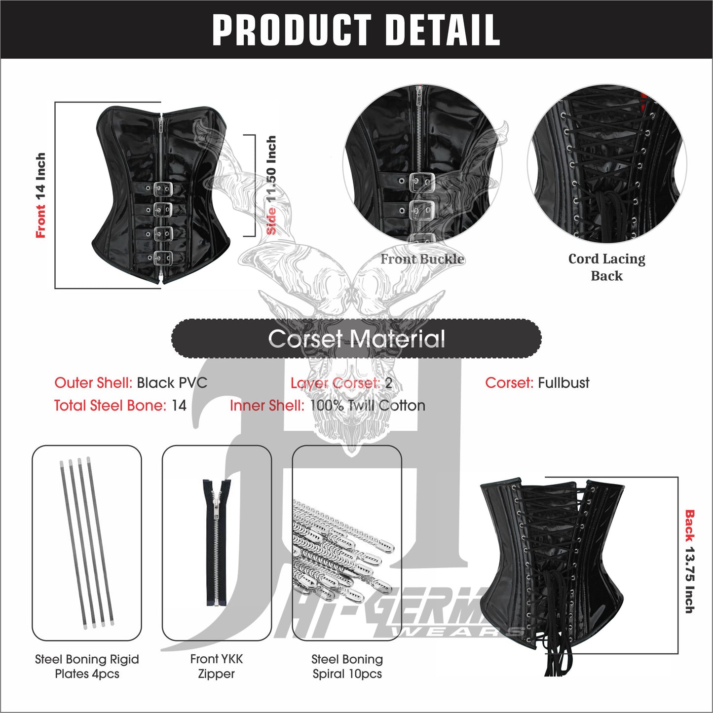 Women’s Overbust Black PVC Corset – Steel Boned Front Zip with Buckle Straps – Gothic Steampunk Waist Trainer | Overbust Korsett Schwarz