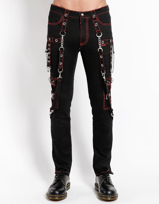 Gothic Punk Hose Schwarz Rot – mit Ketten, Riemen & Nieten – Unisex Slim Fit