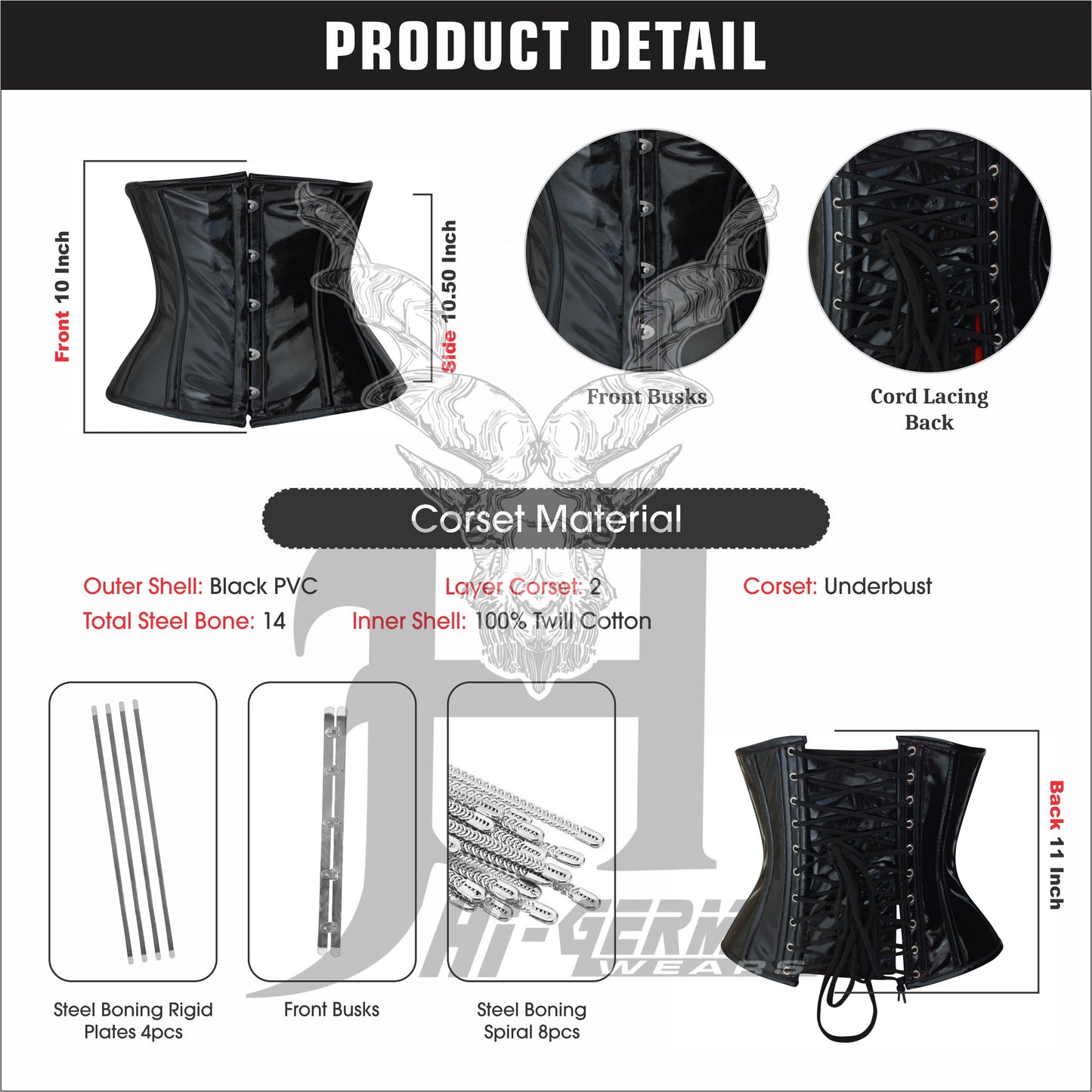 Women’s Underbust Black PVC Corset – Steel Boned Waist Trainer – Gothic Steampunk Waist Shaper | Unterbrust Korsett Schwarz