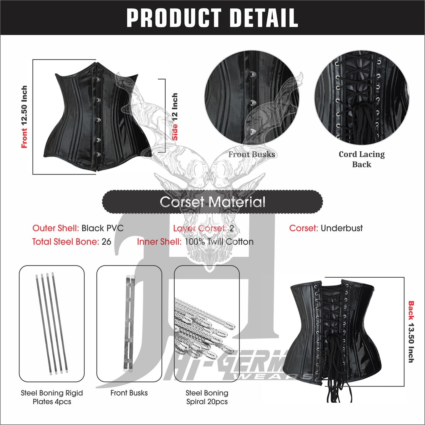 Women’s Underbust Black PVC Corset – Double Steel Boned Waist Trainer – Gothic Steampunk Waist Shaper | Unterbrust Korsett Schwarz