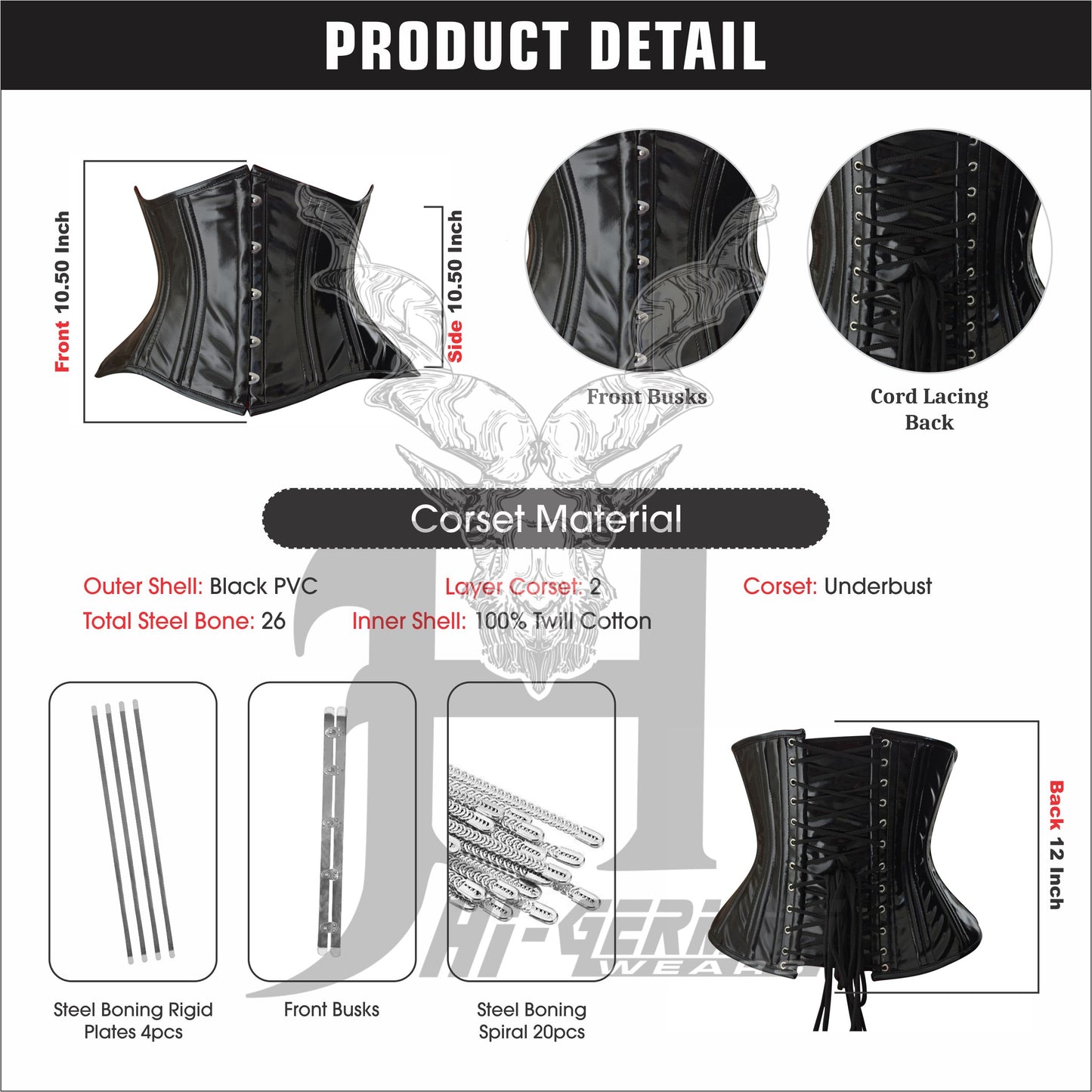Women’s Underbust Black PVC Corset – Double Steel Boned Waist Trainer – Gothic Steampunk Waist Shaper | Unterbrust Korsett Schwarz