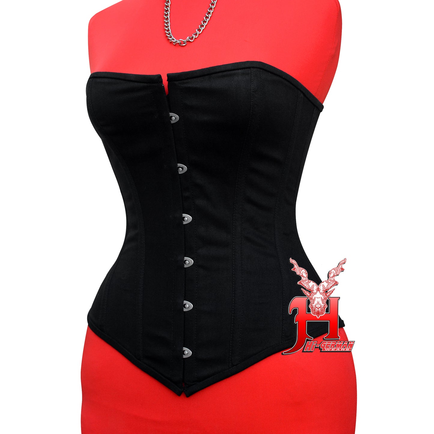 Women’s Overbust Black Cotton Corset Steel Boned Waist Trainer / Überbrust Korsett Damen