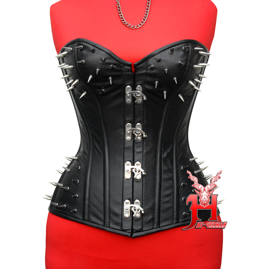 Women's Black Leather Steampunk Spike & Clasp Corset Overbust Waist Trainer Corsets