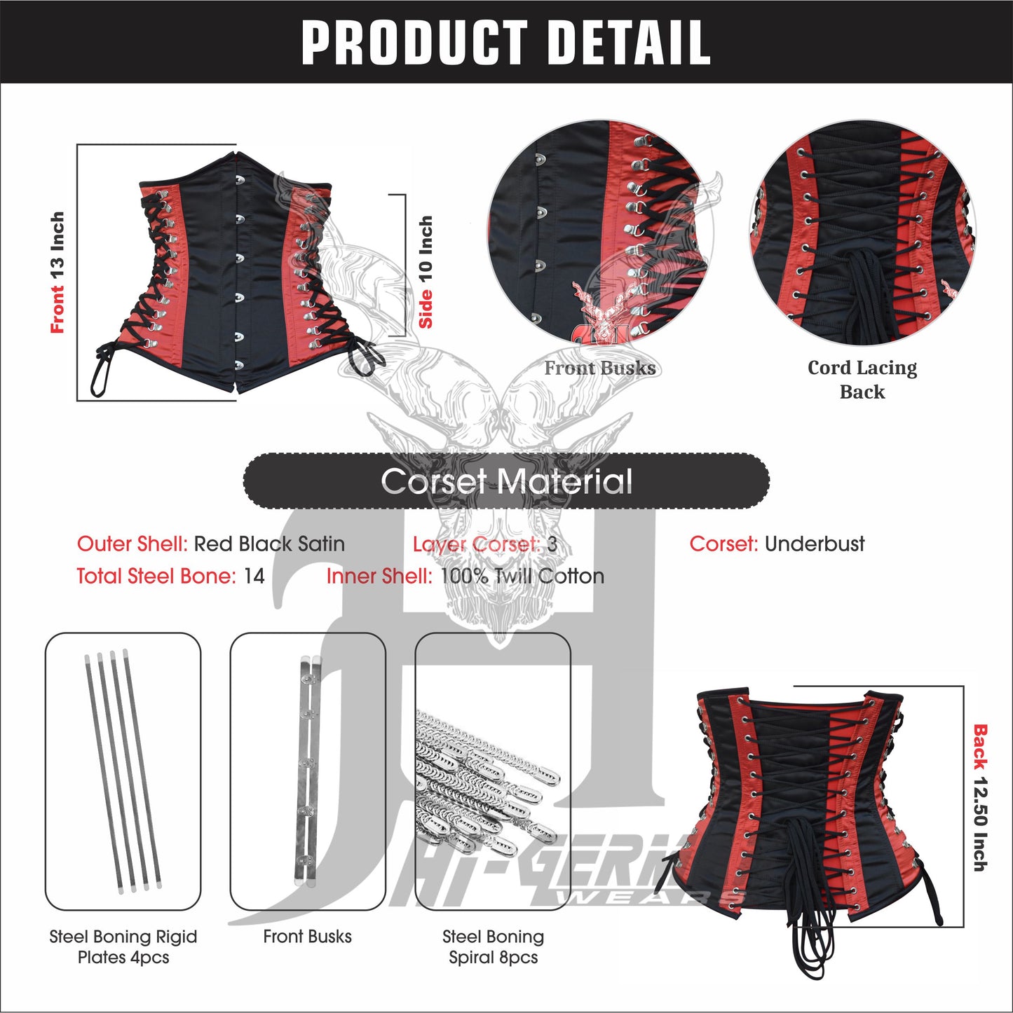 Women’s Underbust Black & Red Satin Corset – Stahl Unterbrust Korsett Seitenschnürung Waist Trainer