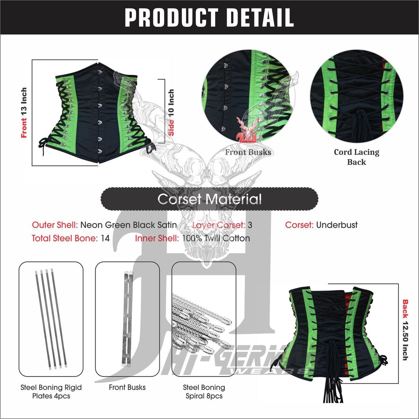 Women’s Underbust Black & Green Satin Corset – Stahl Unterbrust Korsett Seitenschnürung Waist Trainer