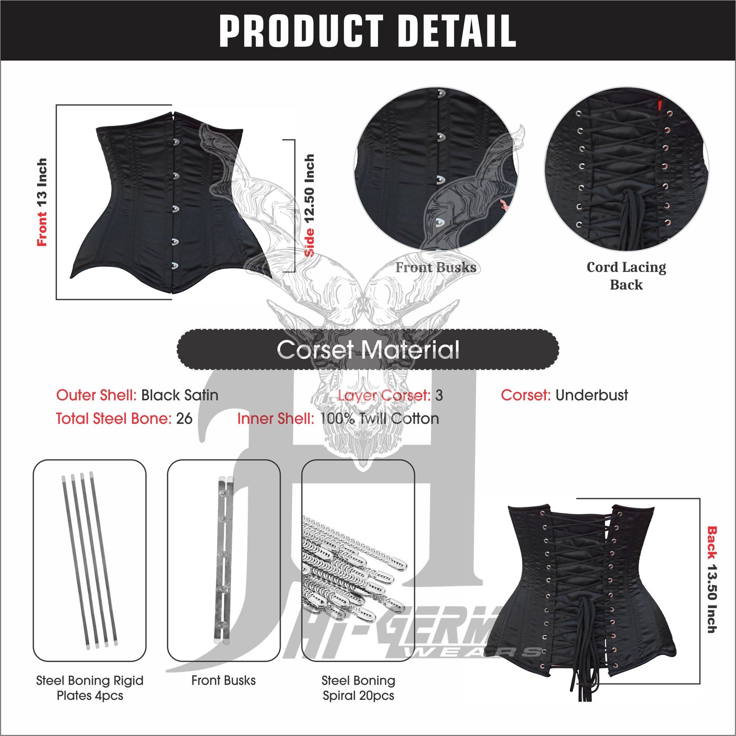 Women’s Underbust Black Satin Corset – Doppelstahl Unterbrust Korsett Waist Trainer