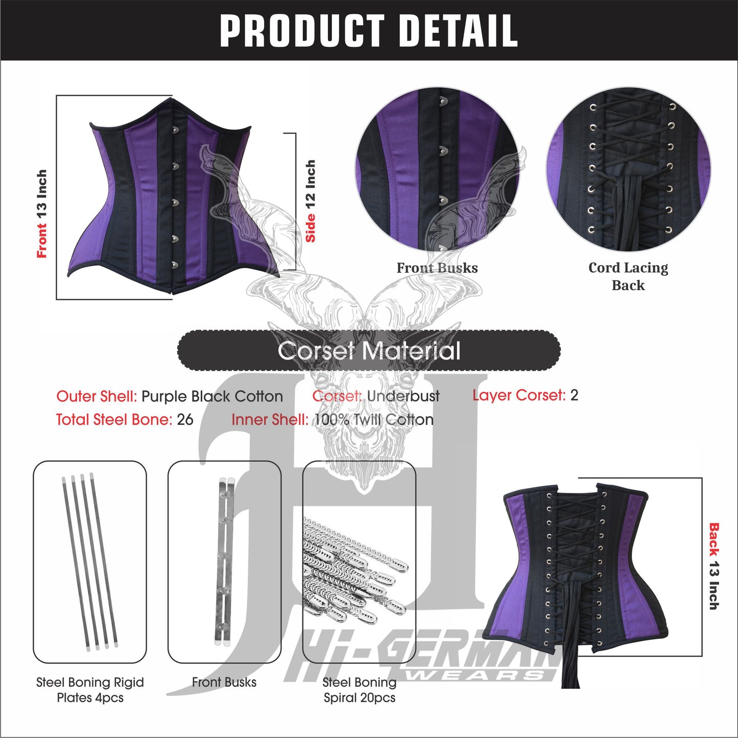 Unterbrustkorsett Damen – Purple & Black Cotton Underbust Corset / Corsage