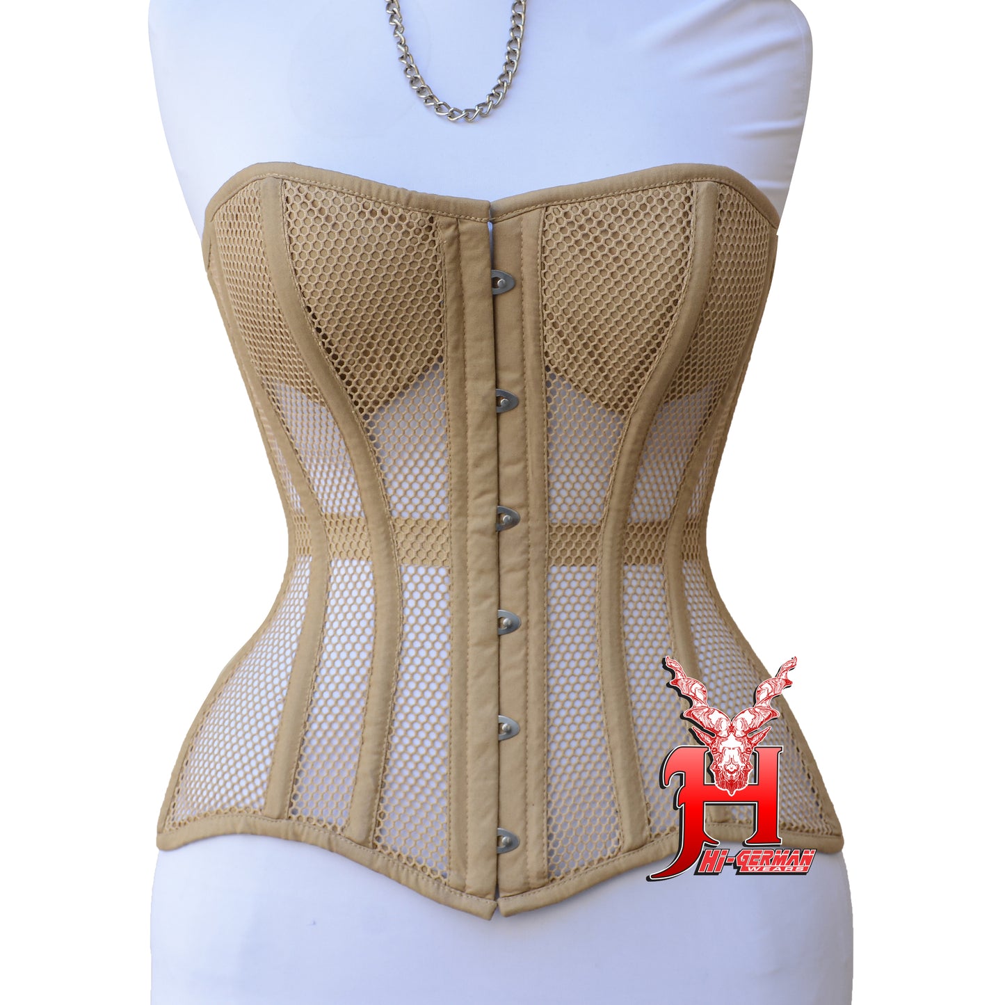 Women’s Overbust Nude Cotton Mesh Steel Boned Corset Überbrust Korsett Damen