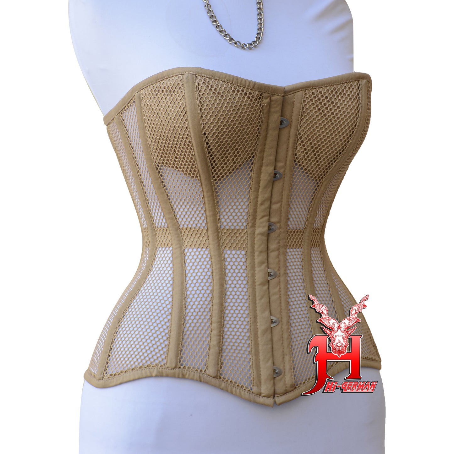 Women’s Overbust Nude Cotton Mesh Steel Boned Corset Überbrust Korsett Damen
