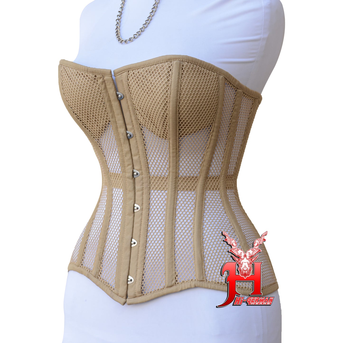 Women’s Overbust Nude Cotton Mesh Steel Boned Corset Überbrust Korsett Damen