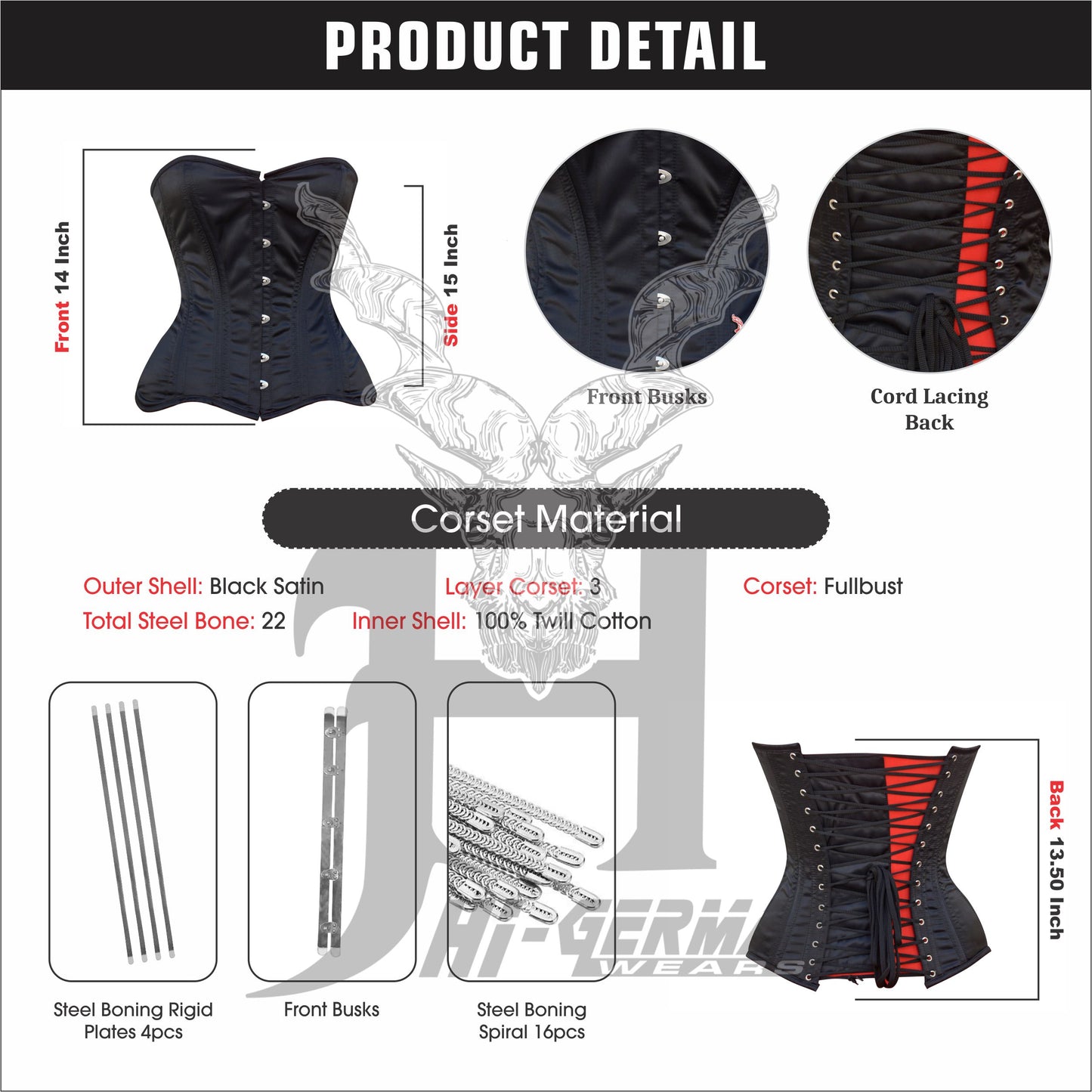 Overbust Black Satin Steel Boned Corset – Doppelstahl Überbrust Korsett Waist Trainer