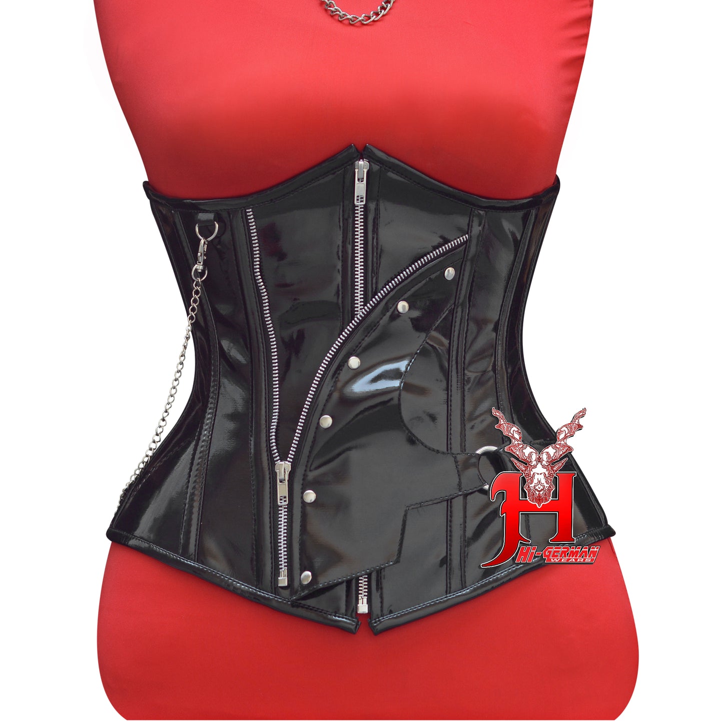 Women’s Underbust Black PVC Corset – Steel Boned Front Zip with Chain Detail – Gothic Waist Trainer | Unterbrust Korsett Schwarz mit Kette