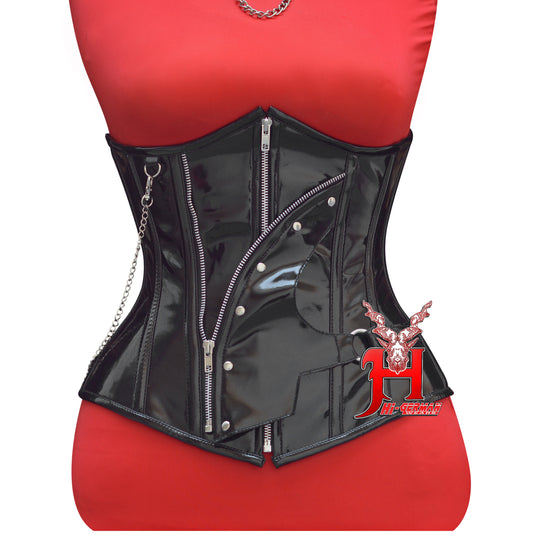 Women’s Underbust Black PVC Corset – Steel Boned Front Zip with Chain Detail – Gothic Waist Trainer | Unterbrust Korsett Schwarz mit Kette