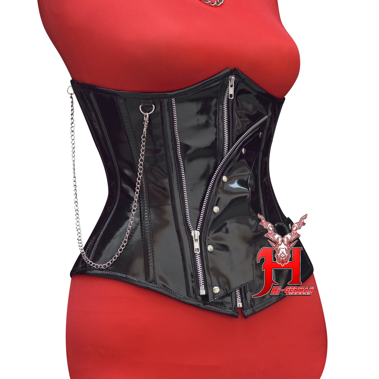 Women’s Underbust Black PVC Corset – Steel Boned Front Zip with Chain Detail – Gothic Waist Trainer | Unterbrust Korsett Schwarz mit Kette