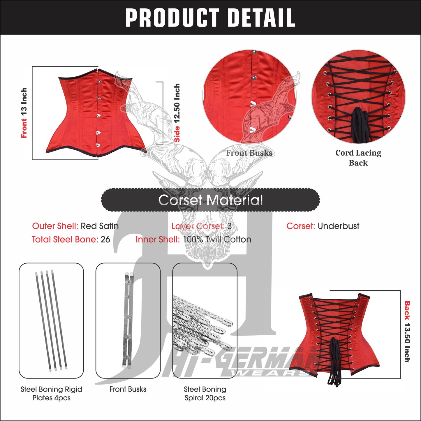 Women’s Underbust Red Satin Corset – Doppelstahl Unterbrust Korsett Waist Trainer
