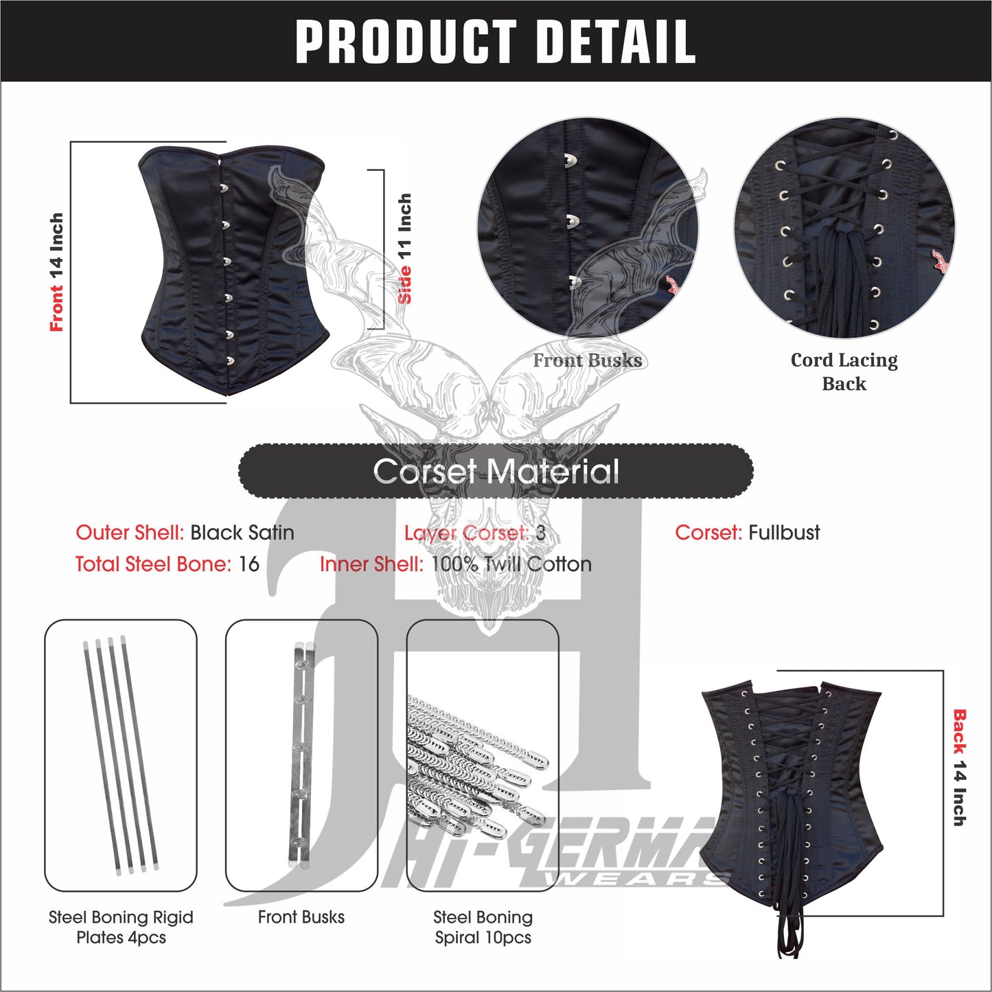 Women’s Overbust Black Satin Corset – Doppelstahl Überbrust Korsett Gothic Waist Trainer