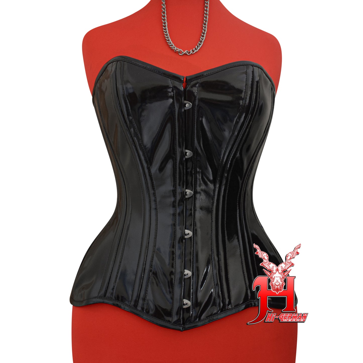 Women’s Overbust Black PVC Corset – Double Steel Boned Waist Trainer – Gothic Sculpting Corset | Overbust Korsett Schwarz